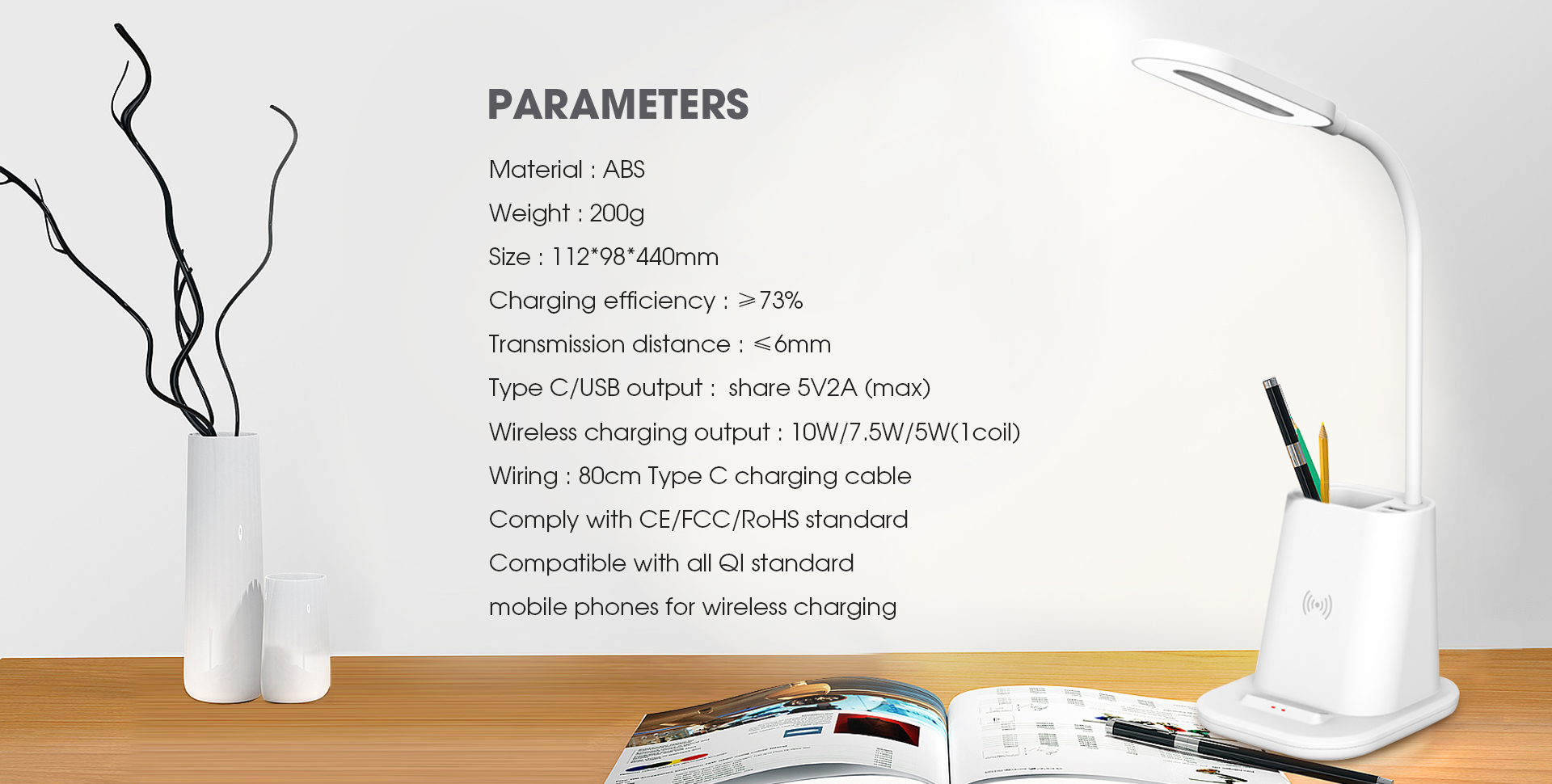 Parameters of Wireless charger with lamp & pen container / desk organizer