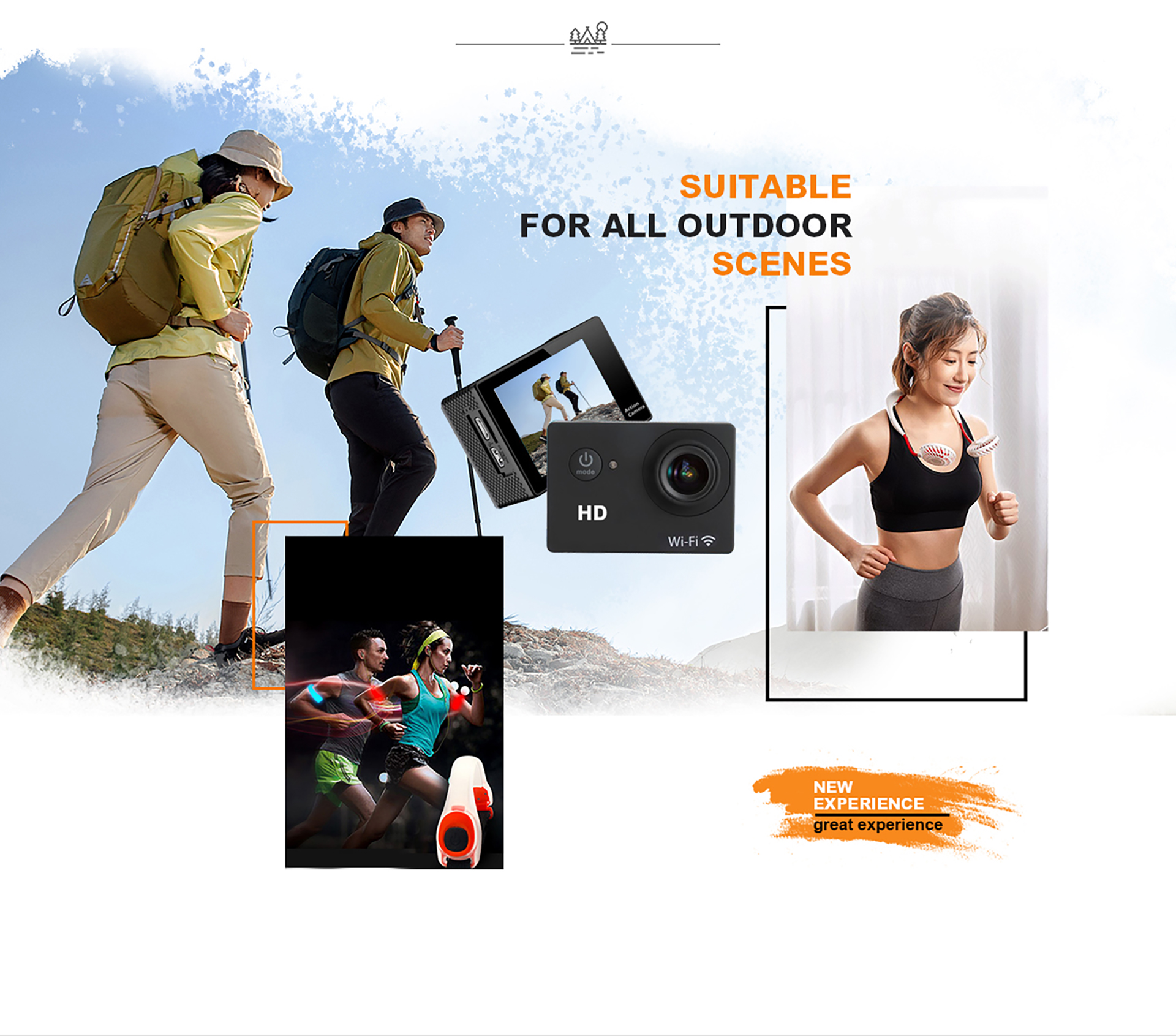 camera shooting while hiking, LED light armband for night running, neckband fan to cool while exercising